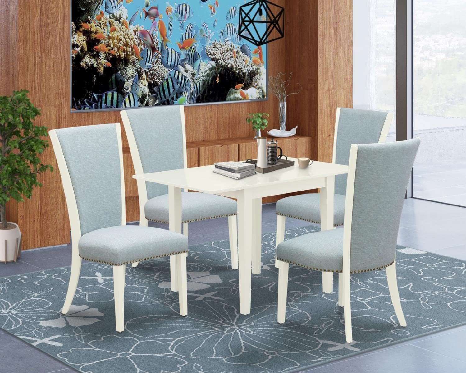 East West Furniture Norden 5 Piece Set Includes A Rectangle Dining Room Table With Dropleaf And 4 Baby Blue Linen Fabric Upholstered Parson Chairs, 30X48 Inch, Ndve5-Lwh-15